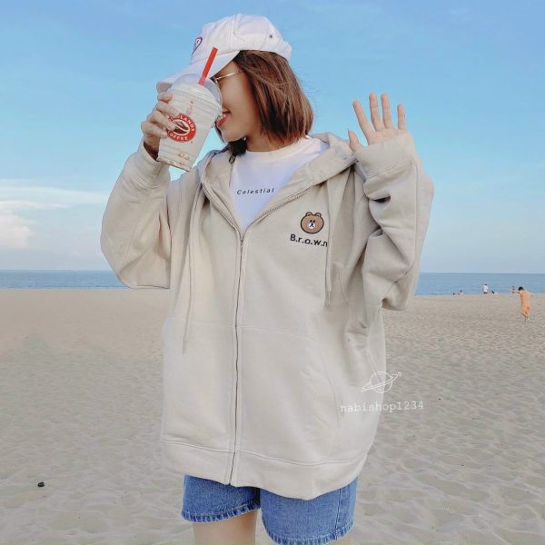 Áo khoác nữ hoodie chất nỉ 2 lớp áo sweater nam nữ có mũ nón logo thêu gấu brown -ak06