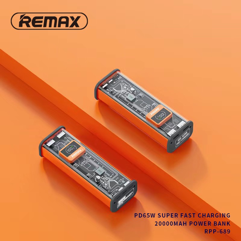 Pin sạc dự phòng trong suốt Remax RPP-689 chính hãng, 20000mAh PD 65W cổng USB và 22.5W Cổng Type C 