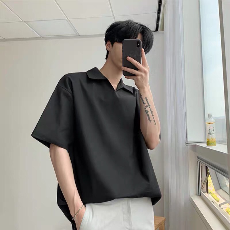 Áo Sơ Mi Cổ Chui Basic Trơn, Form Rộng, Unisex Nam Nữ Tay Ngắn Phong Cách Hàn Quốc SMC4