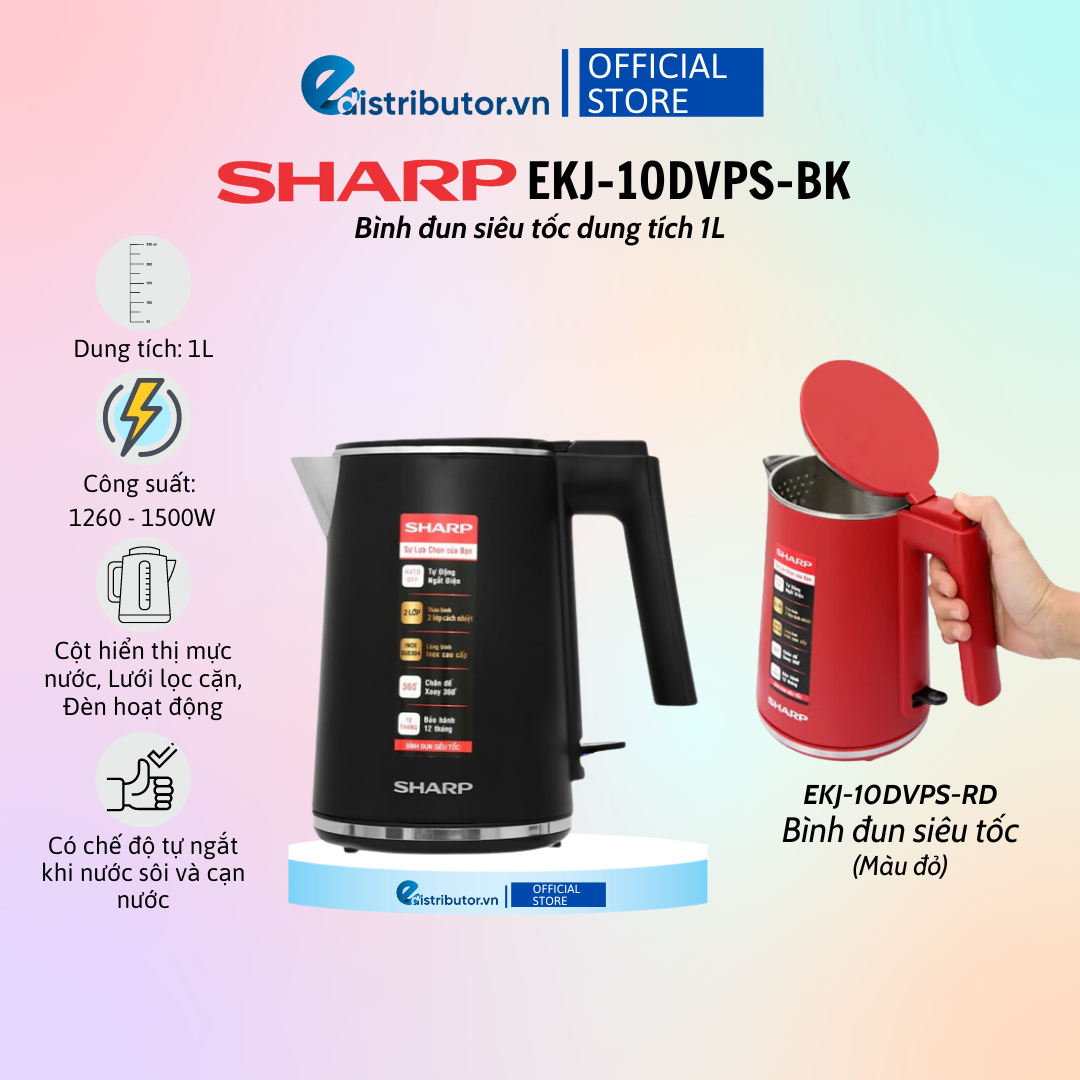 Bình đun siêu tốc sharp ekj-10dvps-bk/rd - hàng chính hãng - bảo hành 12 tháng