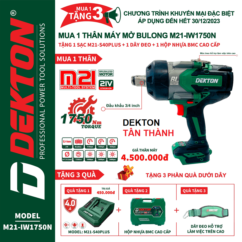 Máy vặn bu lông dekton m21- iw1750n bản nâng cấp / 1750nm / đầu 3/4 tặng sạc 4aplus