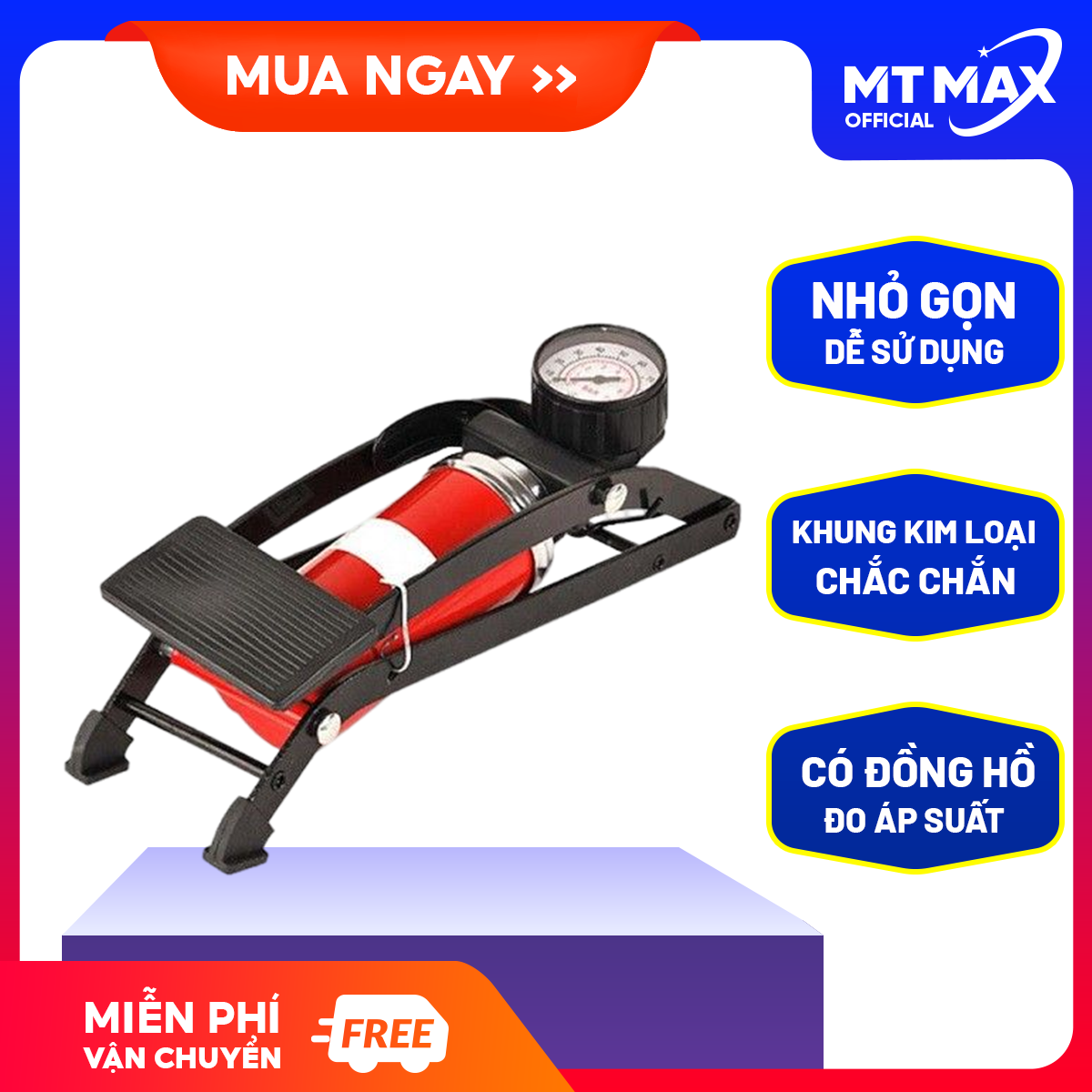 Bơm lốp xe máy đạp chân có đồng hồ đo áp suất, Bơm hơi đạp chân, Bơm hơi mini đa năng dễ sử dụng, Máy bơm lốp xe