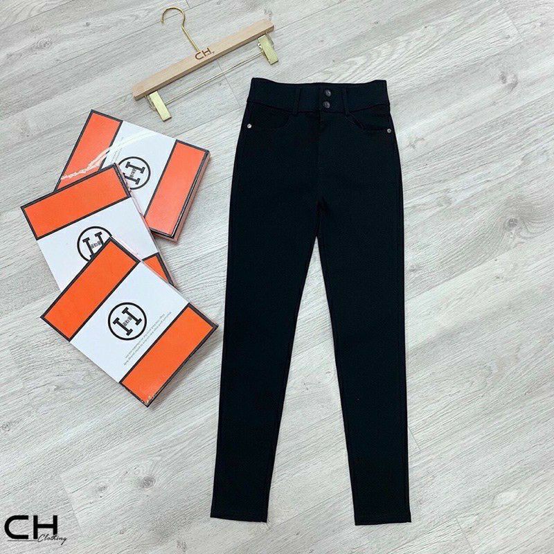 Quần legging cạp cao 2 khuy khóa chữ h- legging bò giấy siêu co giãn