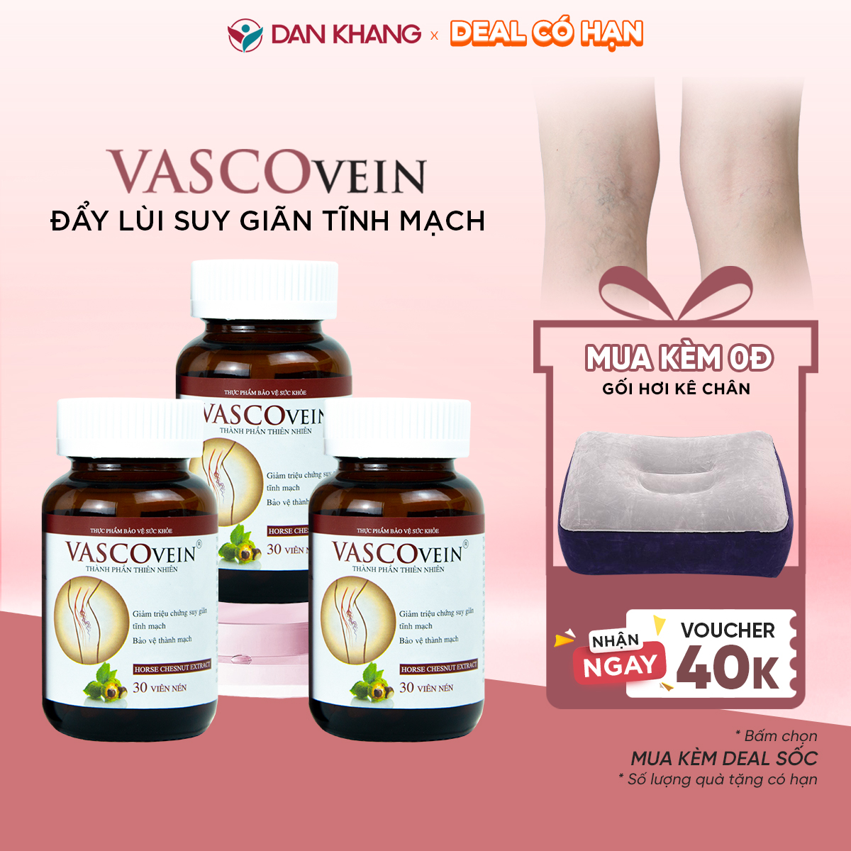 Combo 3 viên uống suy giãn tĩnh mạch Vascovein Dân Khang giảm sưng đau tê phù chân hộp 30 viên