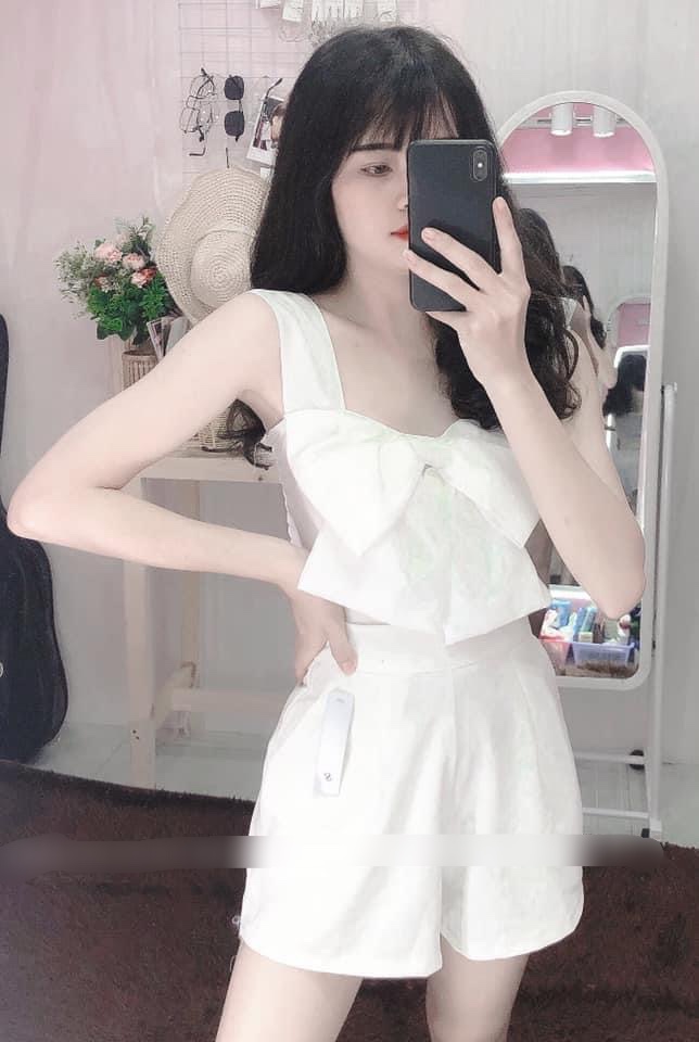 Set Áo 2 dây bảng to nhún lưng đính nơ phối quần short tuyết mưa nhẹ nhàng TU
