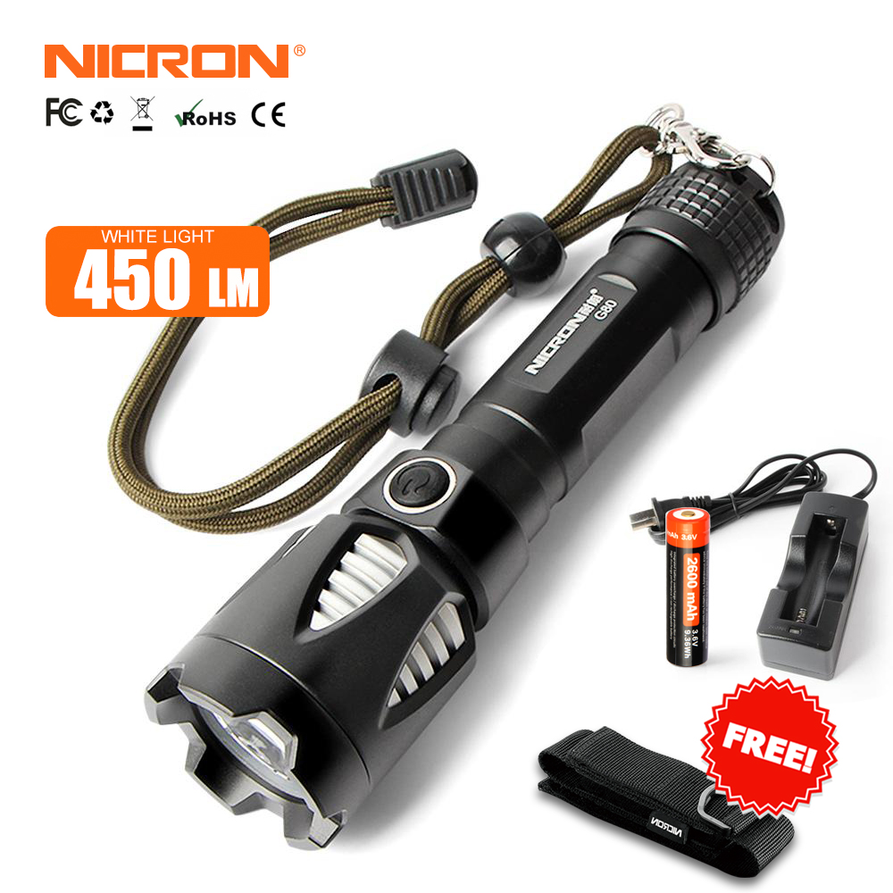 Đèn pin NICRON G80 3W CREE Đèn pin LED 450lumens Đèn pin có thể sạc lại Đèn pin khoảng cách chiếu xa 157 mét Xe đạp MINI Light IPX8 Chống nước 5 chế độ USB 18650 Pin Li-ion thời gian hoạt động lâu Đèn LED Đèn pin G80