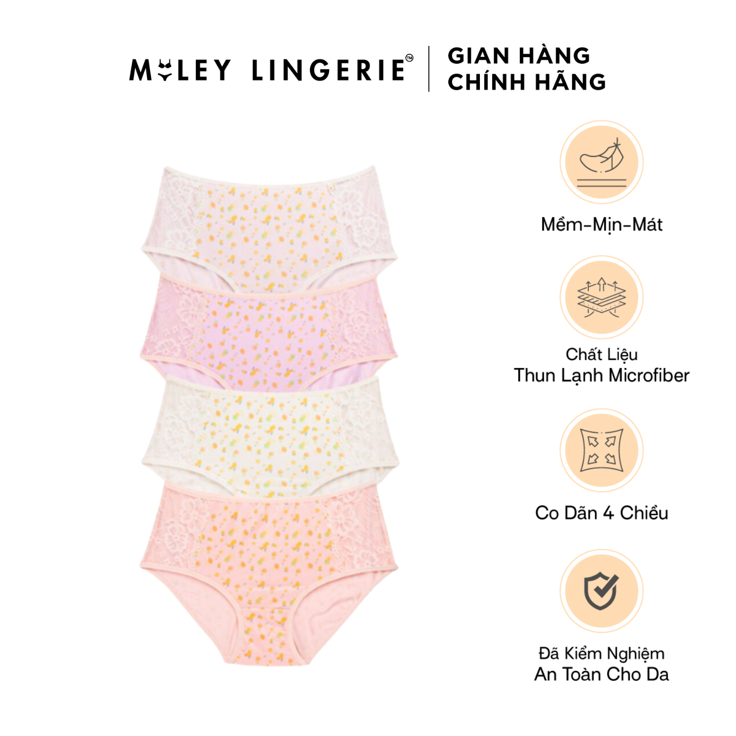 Combo 4 Quần Lót Nữ Lưng Cao Thun Lạnh Hoa Văn Phối Ren Co Giãn Tốt Active Miley Lingerie