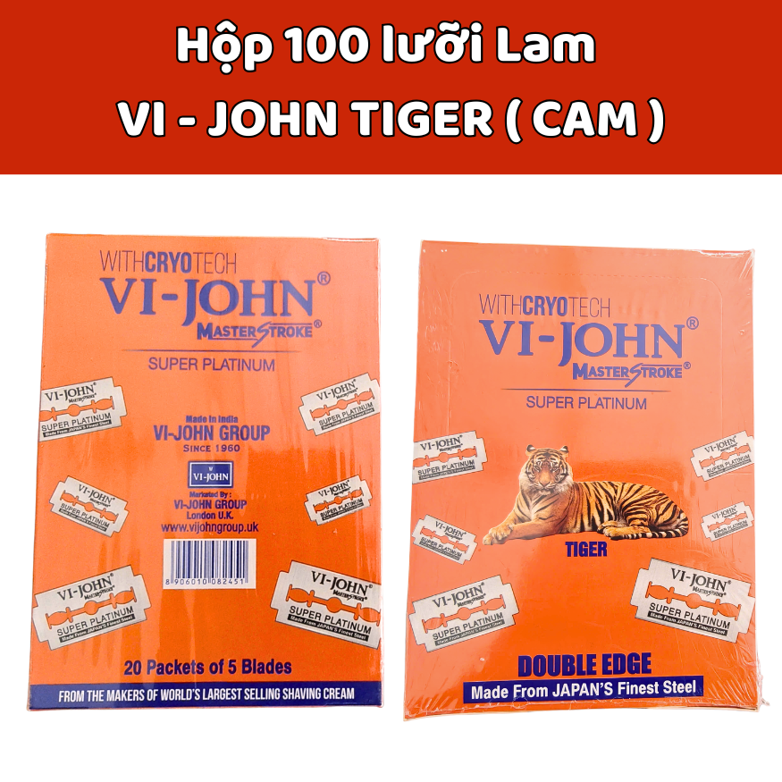 Box of 100 Vi - John Tiger (Orange) Razor Blades, Made in Japan, Super Sharp.