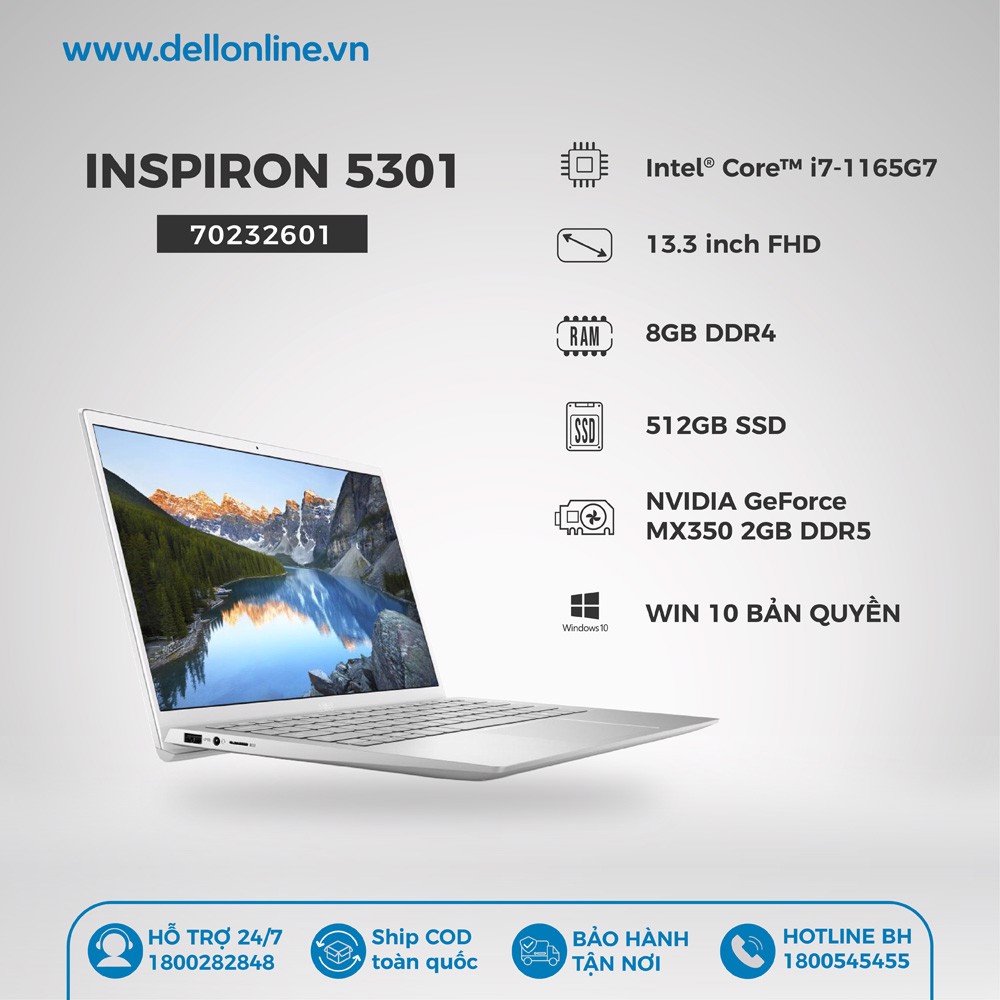 Laptop dell inspiron 5301intel core i7-1165g78gb ram512gb ssd2gb nvidia geforce mx35013.3" fhdfingerwl+btmcafeemdswin 10 homesilver1yr