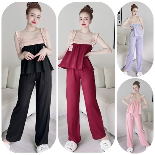 Set bộ dài satin dây dúm vải satin mềm mại sang xịn freesize dưới 60kg-đồ bộ nữ mặc nhà vải satin