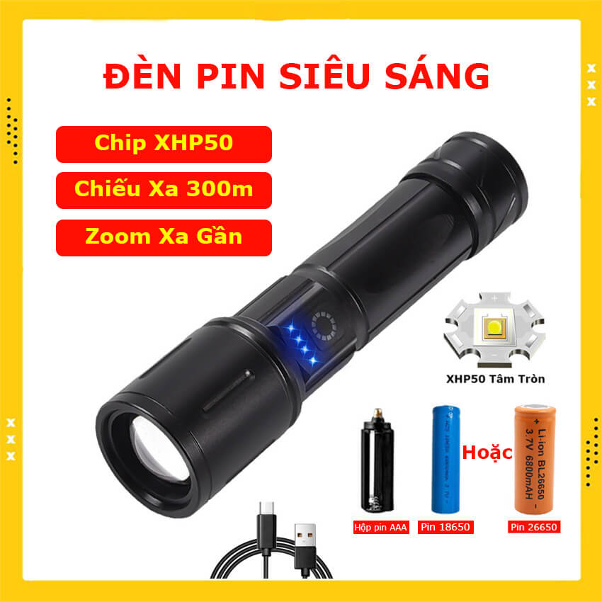 Đèn pin cầm tay siêu sáng chiếu xa 300m Zoom xa gần, đèn Led cầm tay chip XHP50 pin trâu 3 chế độ sáng, chống thấm nước, đèn bin siêu sáng pin lithium 18650, 26650