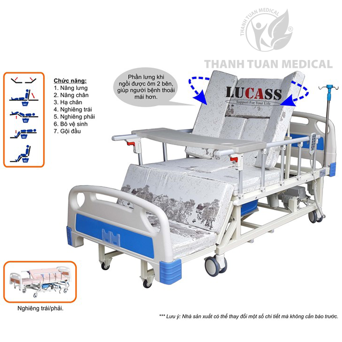 Giường Bệnh Đa Năng (Điện và Cơ) Lucass GB-T5E - Nâng đầu, nâng cân, nghiêng Trái - Phải, tạo ghế ngồi và có bô vệ sinh