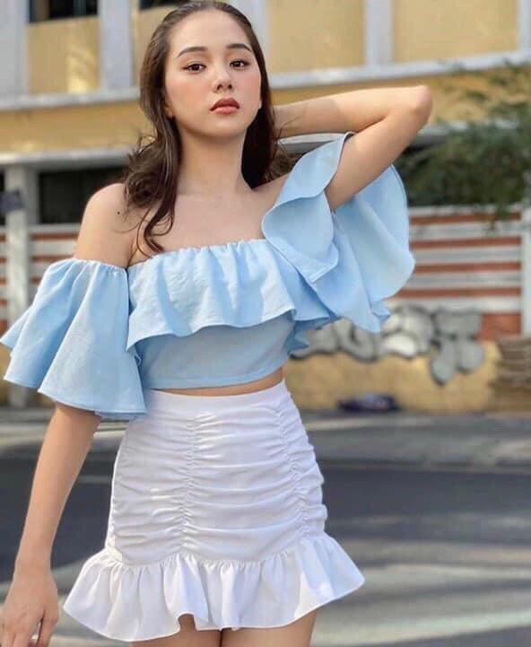 [HCM]Set váy rới chân váy đuôi cá +áo croptop bẹt vai cổ tầng cực xinh