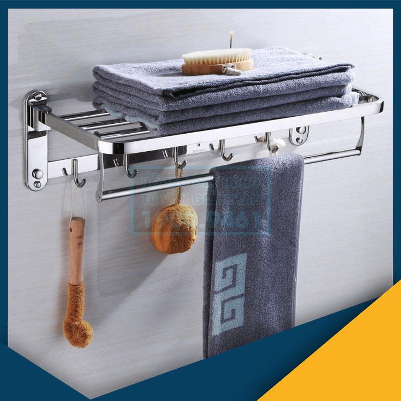 Giá kệ để đồ phòng tắm kết hợp treo khăn inox 304, kèm móc áo 5 móc 9033