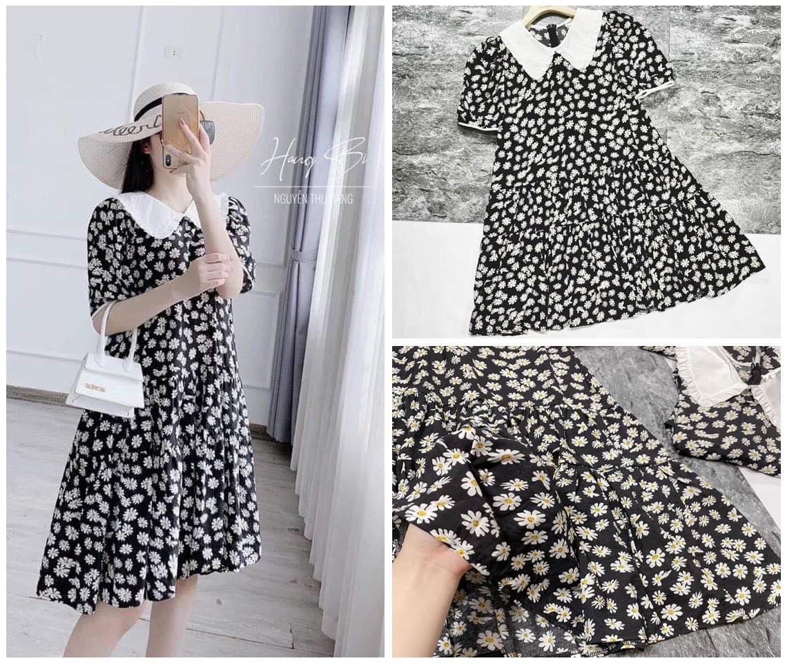 Đầm bầu, váy bầu hoa cúc phối cổ trắng cộc tay mùa hè mát mịn trẻ trung