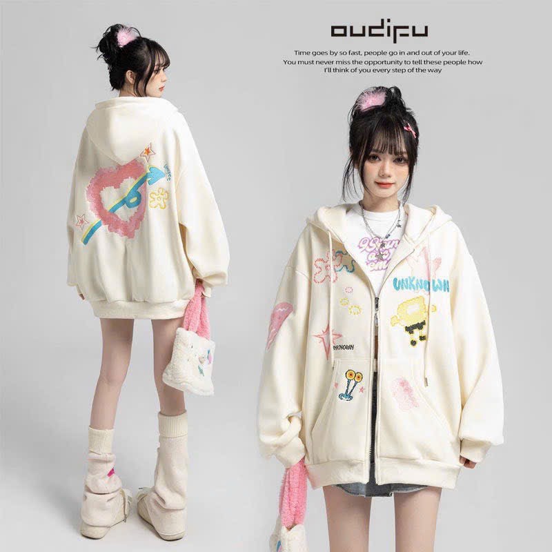 Áo khoác nam nữ Hoodie nỉ họa tiết CUTE UNK Basic in 5D form rộng khóa kéo có mũ Ulzzang giá rẻ siêu xinh - TP90