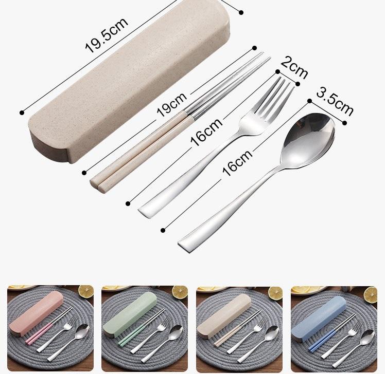 Bộ thìa, nĩa, đũa INOX có hộp đựng bằng lúa mạch