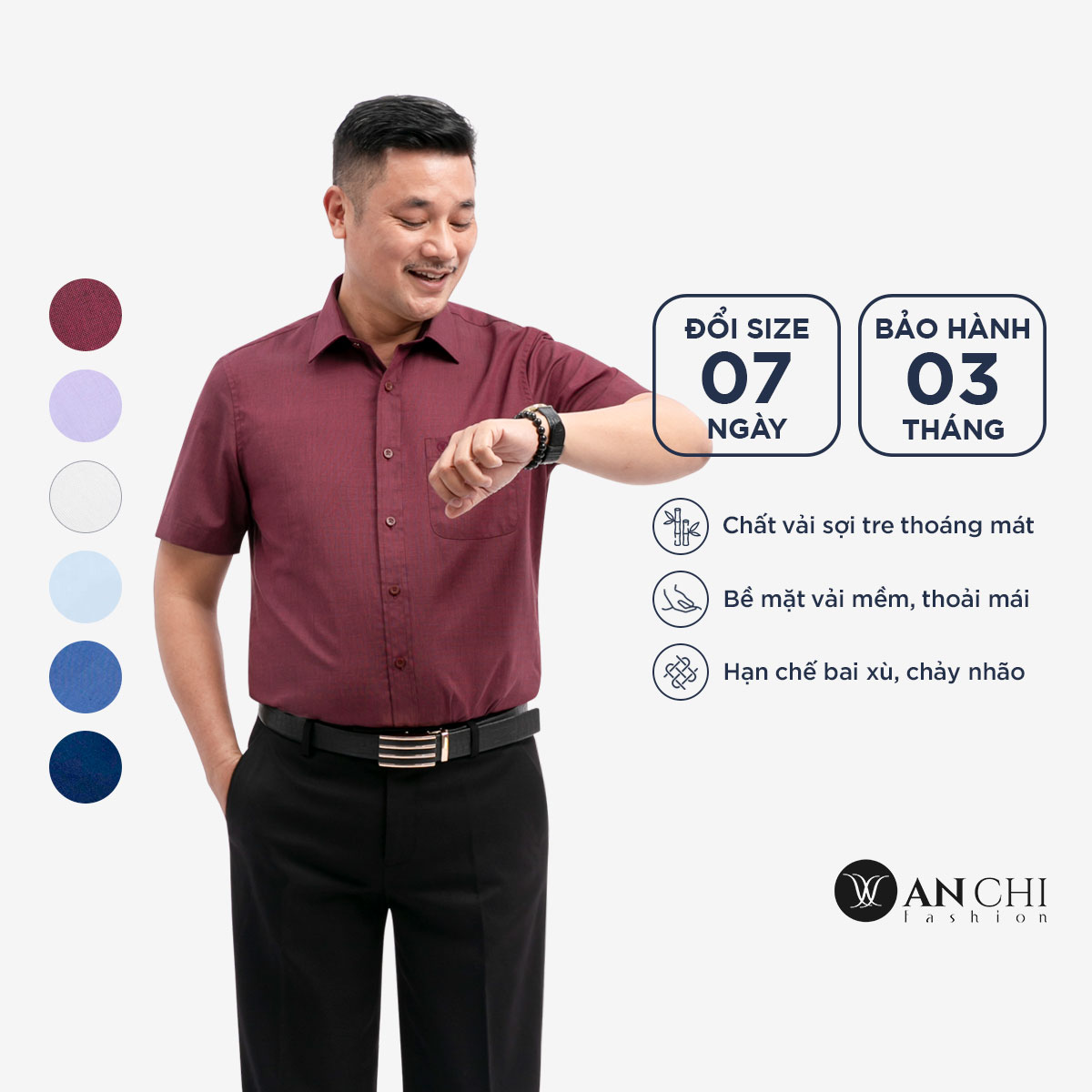 Áo sơ mi nam ngắn tay trung niên ANCHI đỏ đô trơn vải sợi tre cao cấp - SMC02