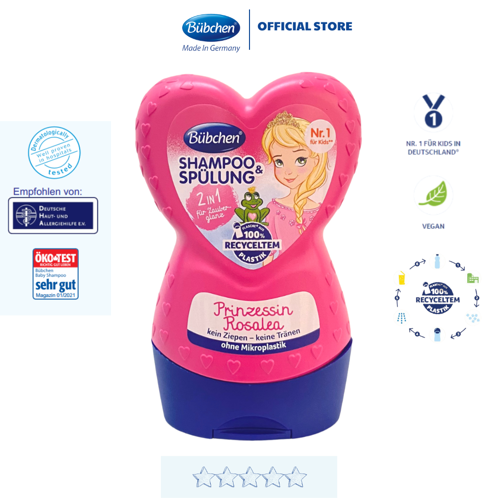 Dầu gội xả cho bé Rosalea 2in1 Bubchen Đức 230mlPrinzessin Rosalea  không gây cay mắt, hương hoa mẫu đơn thơm mát, làm sạch tóc và da đầu, giúp cơ thể bé khoan khoái