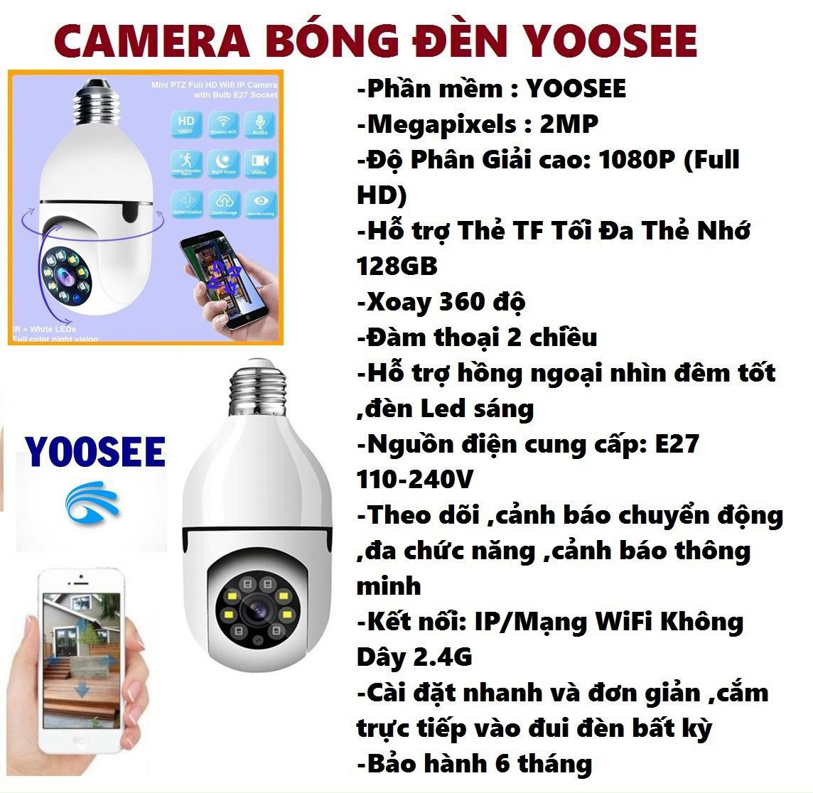 Camera kiêm bóng đèn yoosee 2mp, fullhd 1080p, camera xoay 360 độ, đàm thoại 2 chiều, hỗ trợ hồng ngoại nhìn đêm tốt, đèn led sáng, camera bóng đèn ip, wifi không dây 2.4g , camera bóng đèn đa chức năng, cảnh báo thông minh