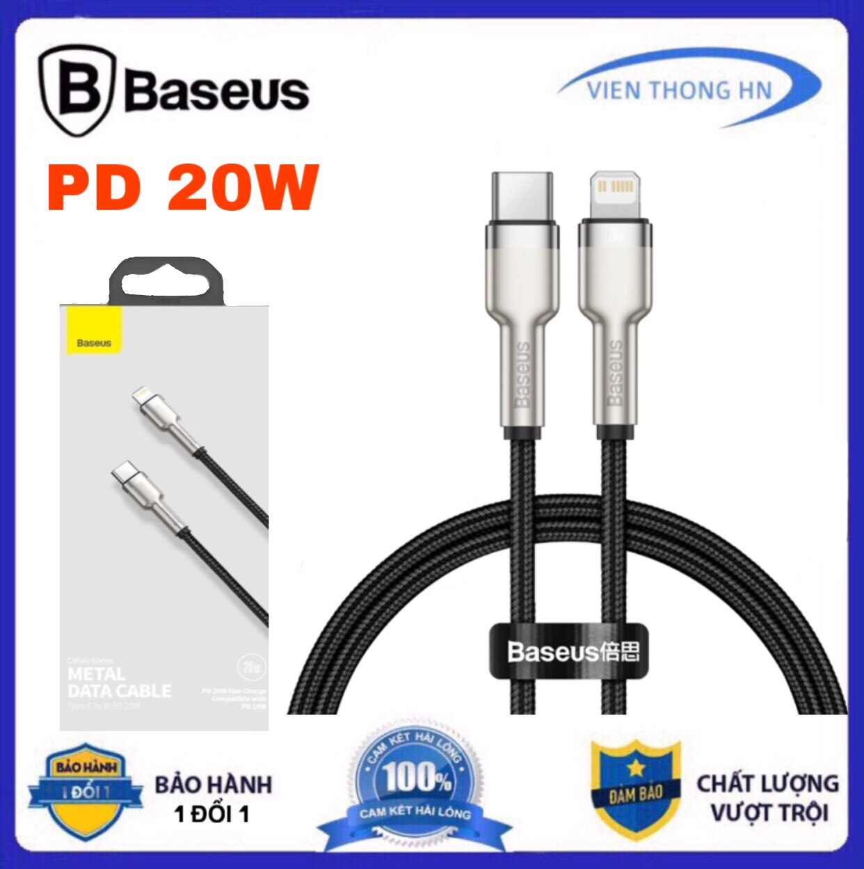 Cáp sạc nhanh iphone type c to lightning pd 20w Baseus Cafule Series Metal dài 1m 2m - dây sạc bọc dù cao cấp cho IP ipad - vienthonng