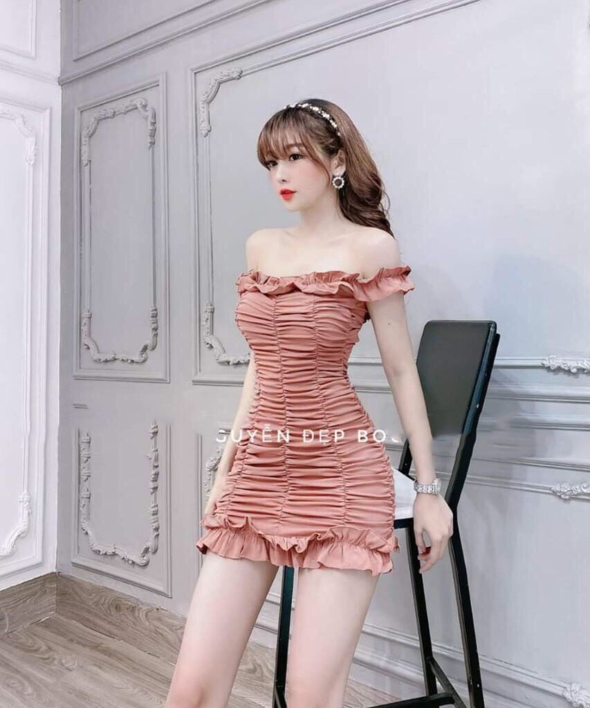 Đầm body trễ vai nhún eo thân có mút ngực thời trang nữ đầm nữ tdd