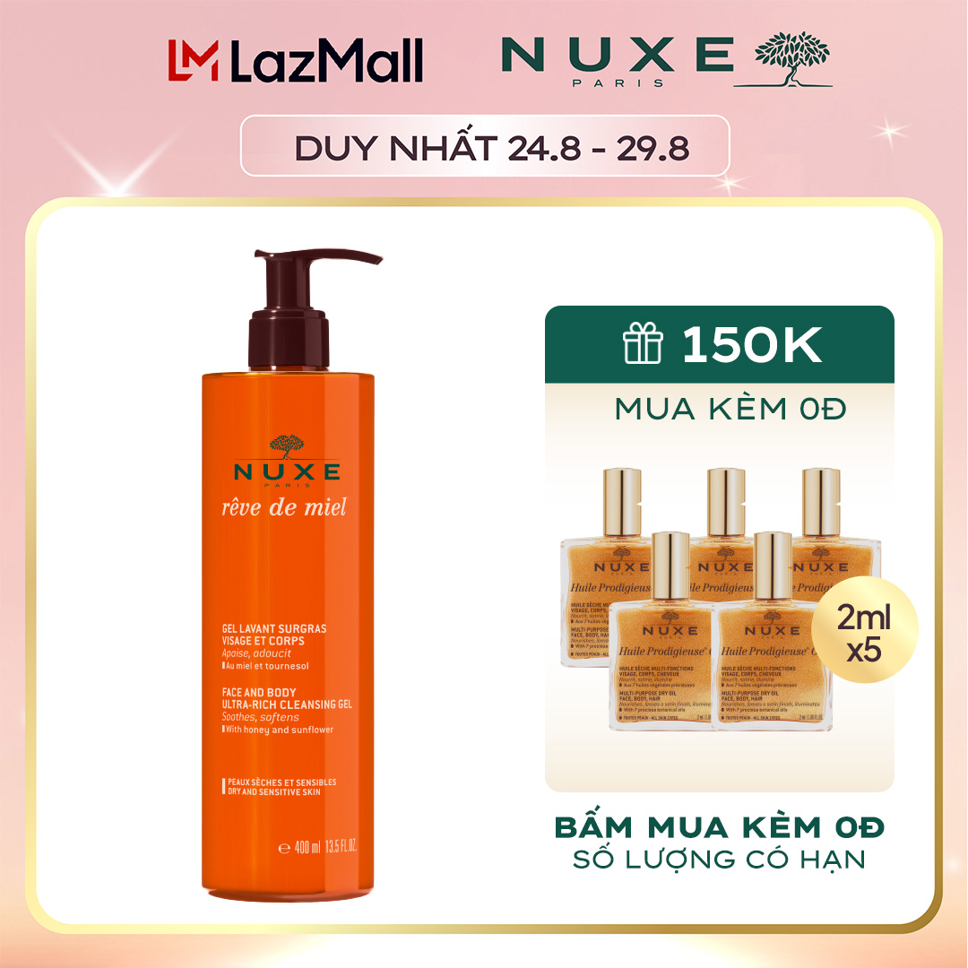 Gel rửa mặt và tắm toàn thân chiết xuất mật ong cho da khô và da nhạy cảm Nuxe Rêve de Miel® 400ml