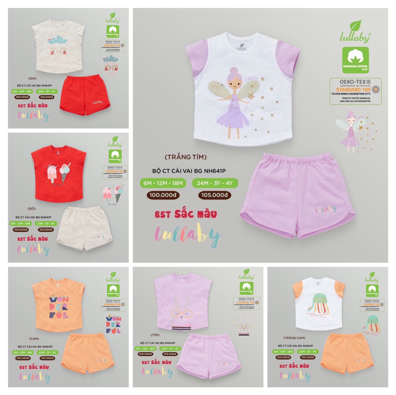 Bộ cộc tay cài vai bé gái Lullaby [NH641P] (Sz 6m-4y)