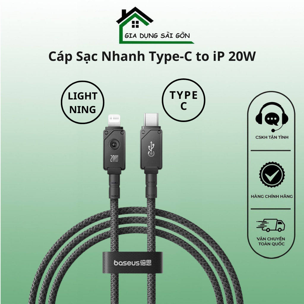 Cáp sạc nhanh c to ip baseus unbreakable series fast charging data cable type-c to ip 20w 100cm