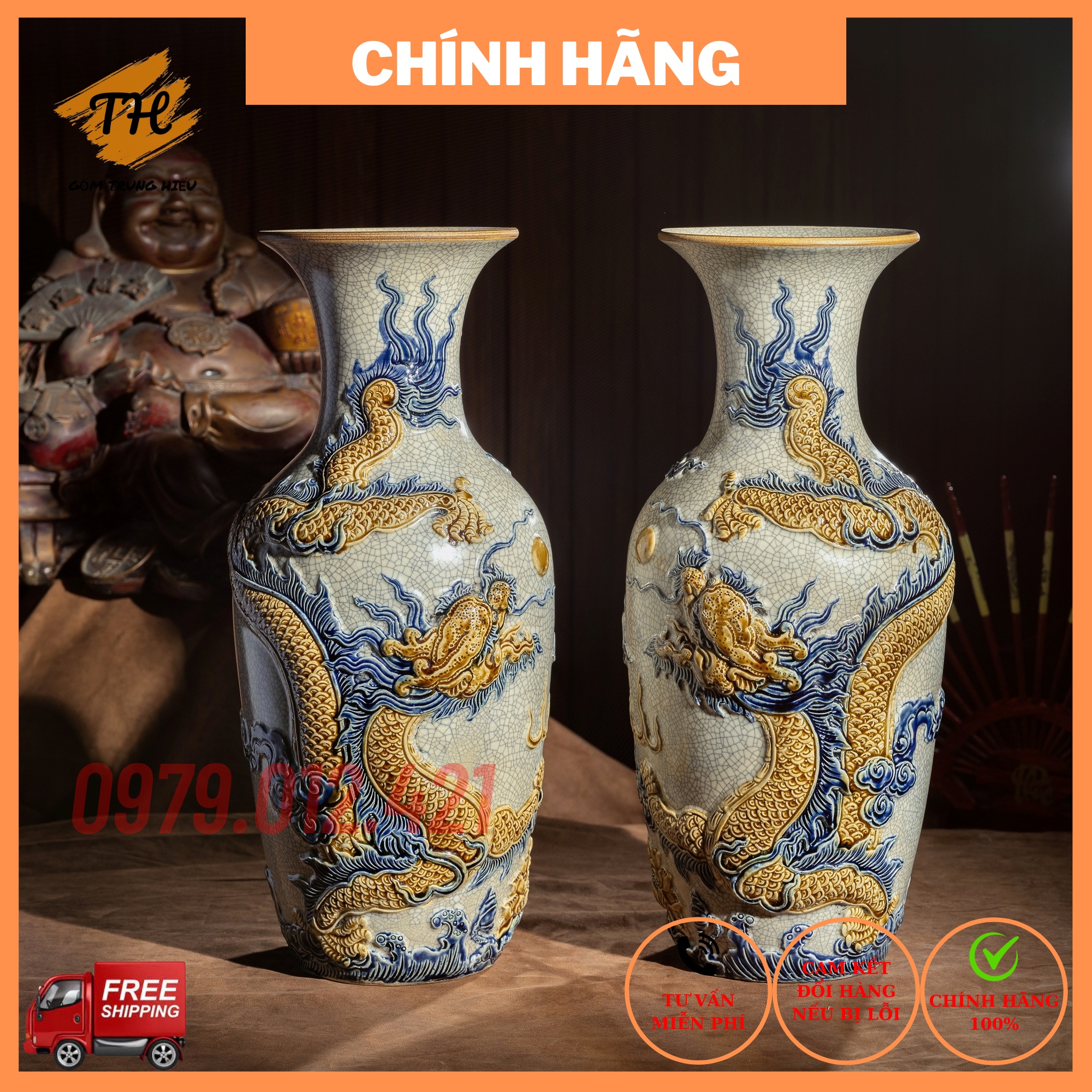 SALE SỐC - Đôi lộc bình men rạn đắp nổi Rồng cao cấp Bát Tràng cao dùng trên ban thờ, trang trí kệ tủ