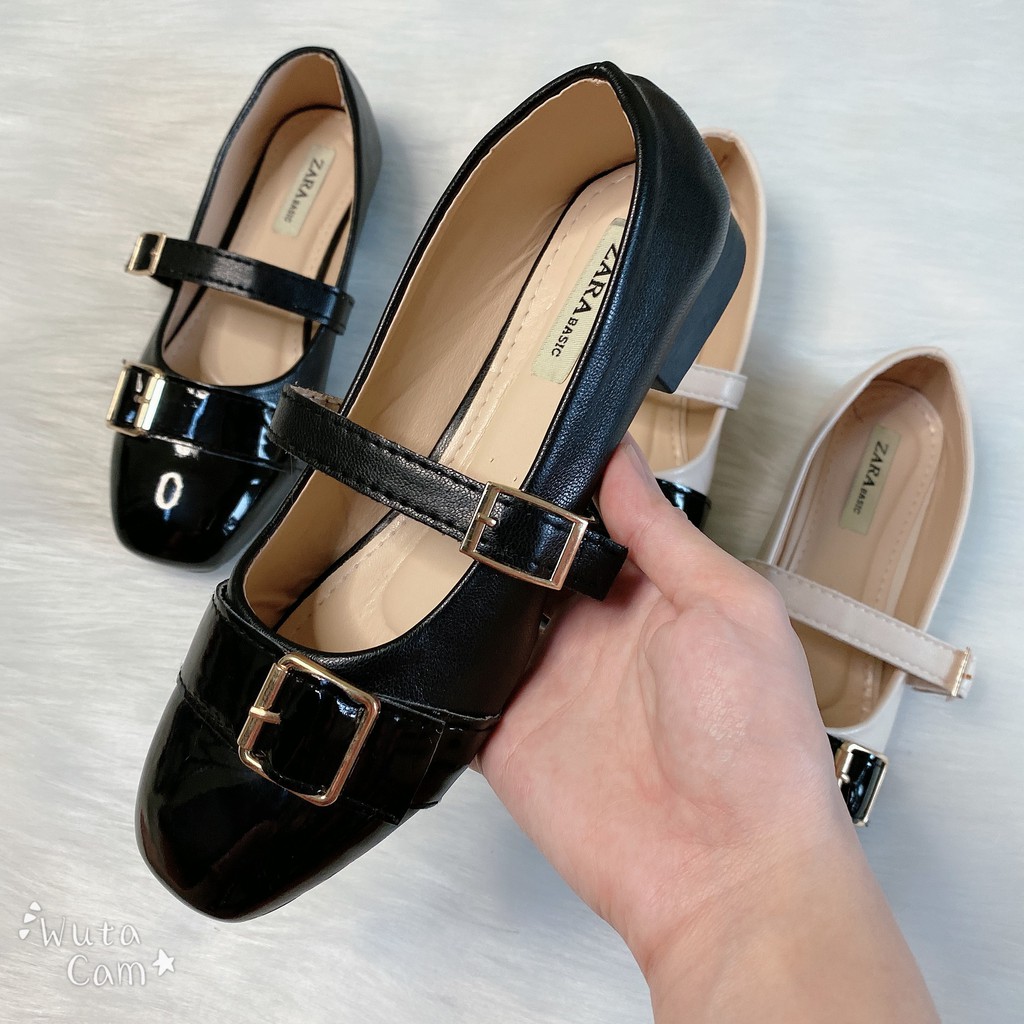 Giày nữ da bóng khóa vuông đế bệt g18