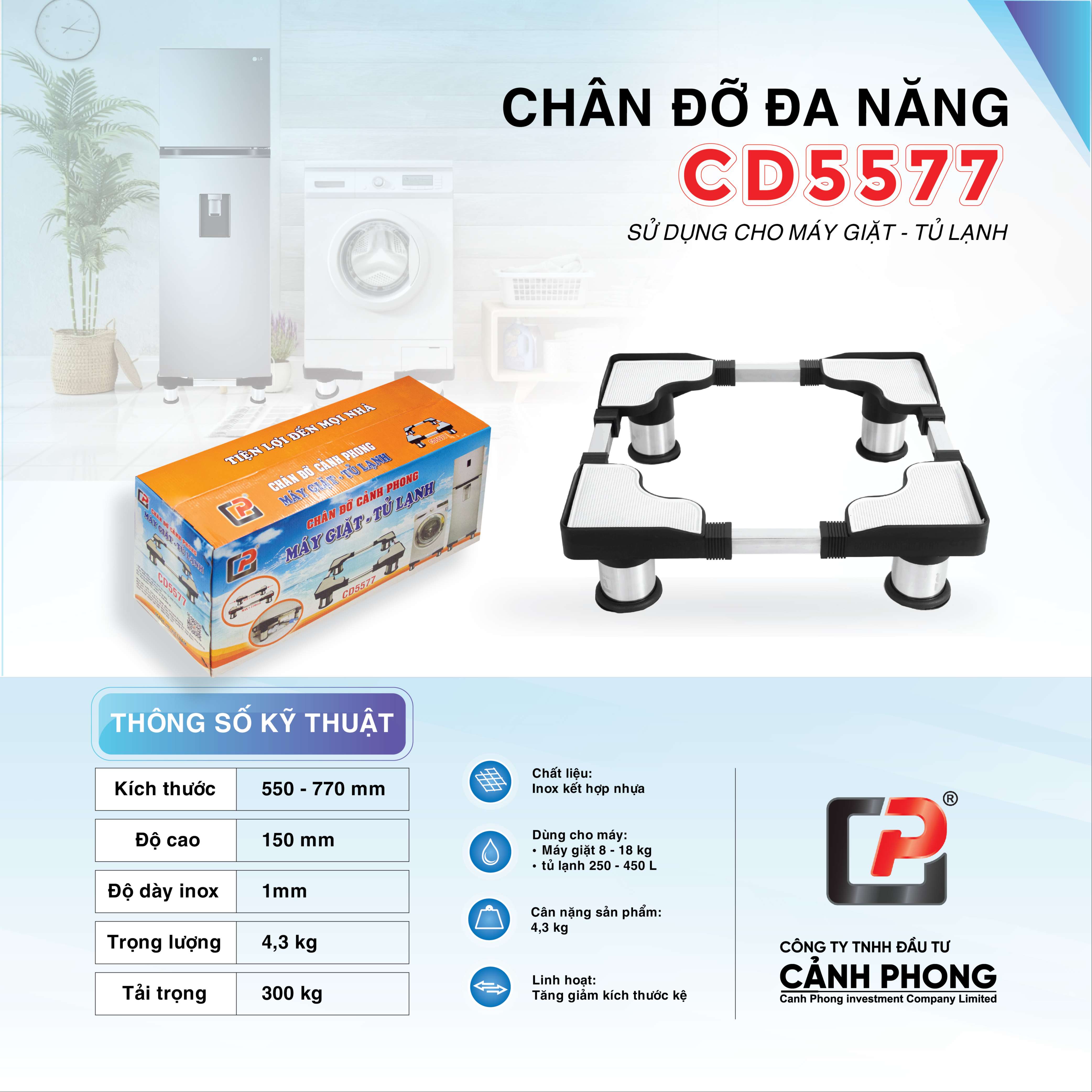 Chân Đỡ Máy Giặt Tủ Lạnh Cảnh Phong CD5577 (Chân Inox 55-77cm )