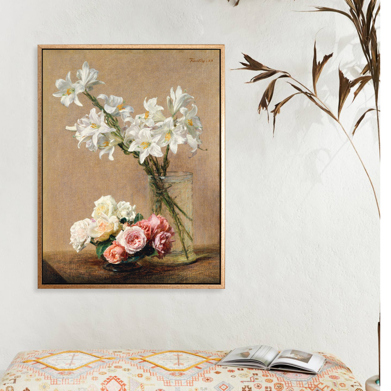 Tranh treo tường canvas hoa châu Âu Roses and lilies 60x80 cm