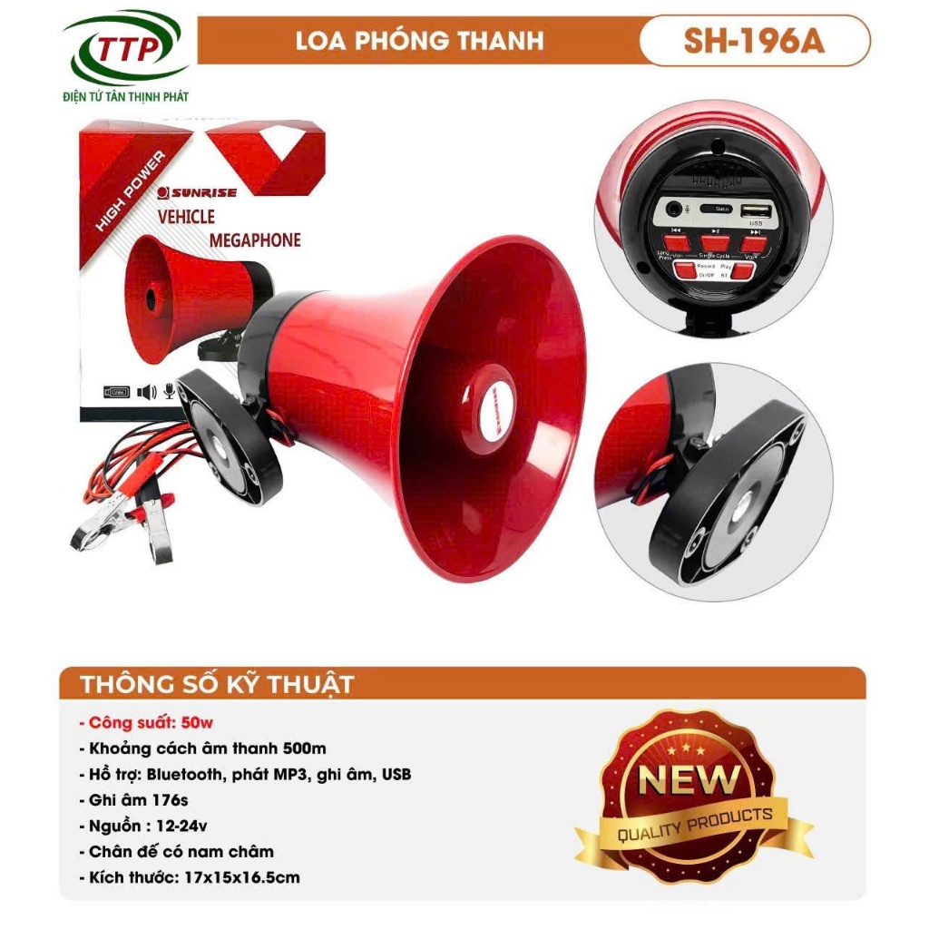 [CHÍNH HÃNG]Loa Phóng Thanh SUNRISE SH-196A, Công Xuất 50W Bluetooth USB Gắn Xe Nam Châm 12V–24V Âm Thanh Xa 500m