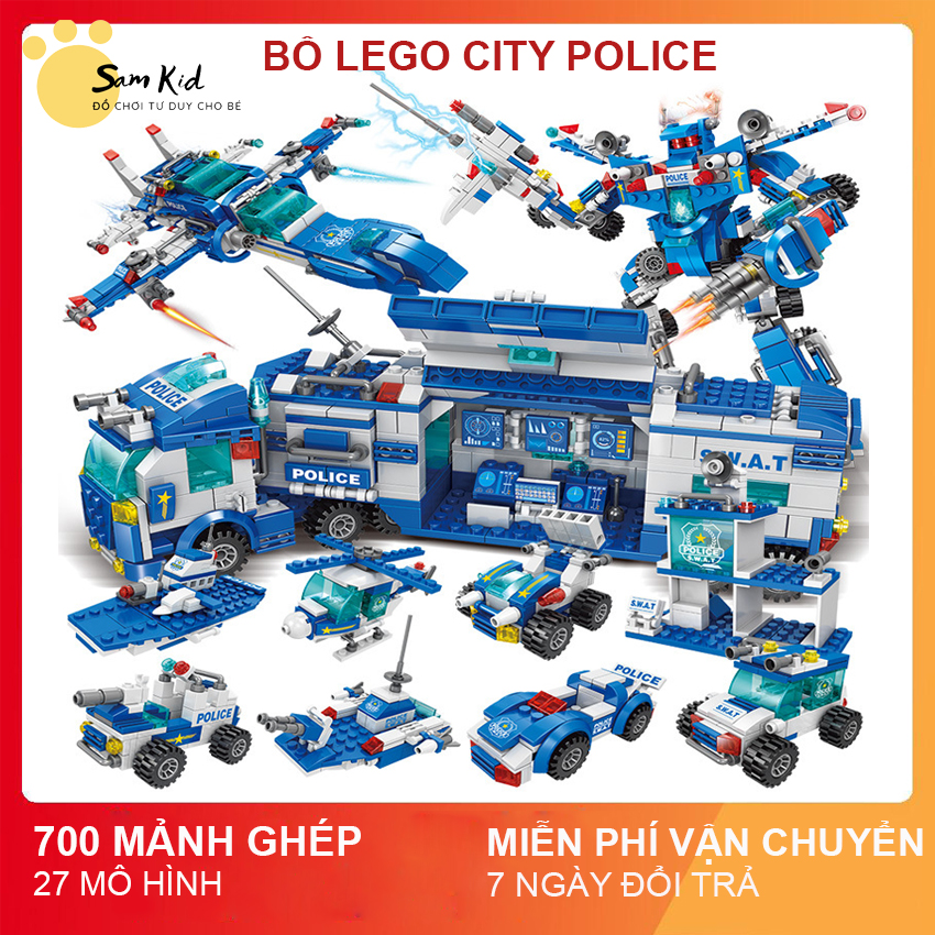 [MUA 1 TĂNG 3] Đồ chơi Le go cho bé trai City Police, Lego Cảnh Sát, Lego Máy Bay 700 chi tiết, 27 mô hình, chất liệu ABS cao cấp giúp bé phát triển tư duy, tính kiên nhẫn, đồ chơi xếp hình, đò chơi thông minh