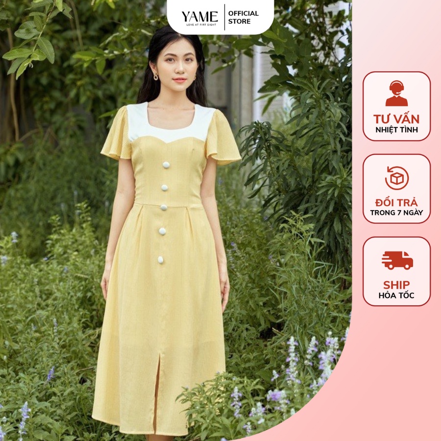 Váy thiết kế cổ vuông tay bồng viền trắng chất xốp YV16 YAME