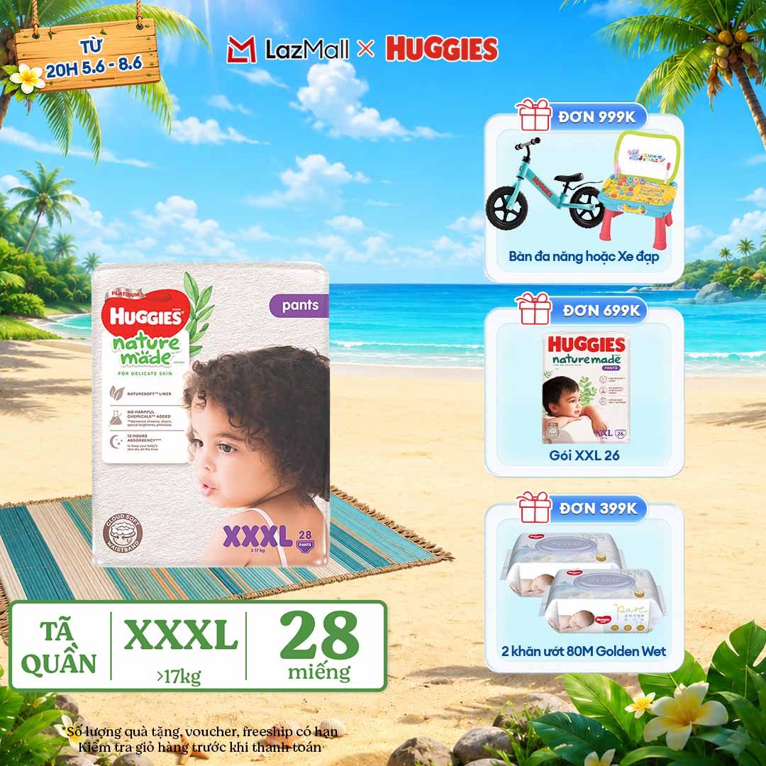[CHỈ 9-10.6 QUÀ TẶNG ĐƠN 399K](Mua 1 tặng 1) Tã quần Huggies Naturemade size XXXL gói 28 miếng