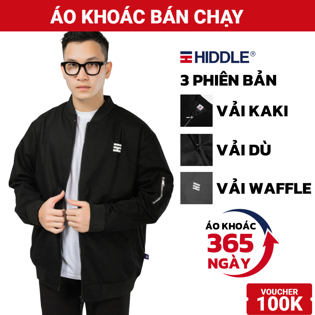Áo khoác bomber nam chính hãng HIDDLE kaki, gió, nỉ waffle Hàn Quốc basic khóa kéo| H04-AK3&H11-AK10&H12-AK2