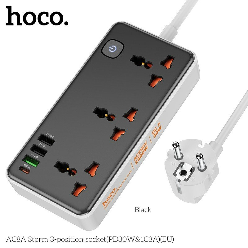 Ổ cắm điện đa năng Hoco AC8 / AC8A dây 1.5m 3 lỗ cắm công suất 2500W kèm cổng sạc điện thoại Type C Usb