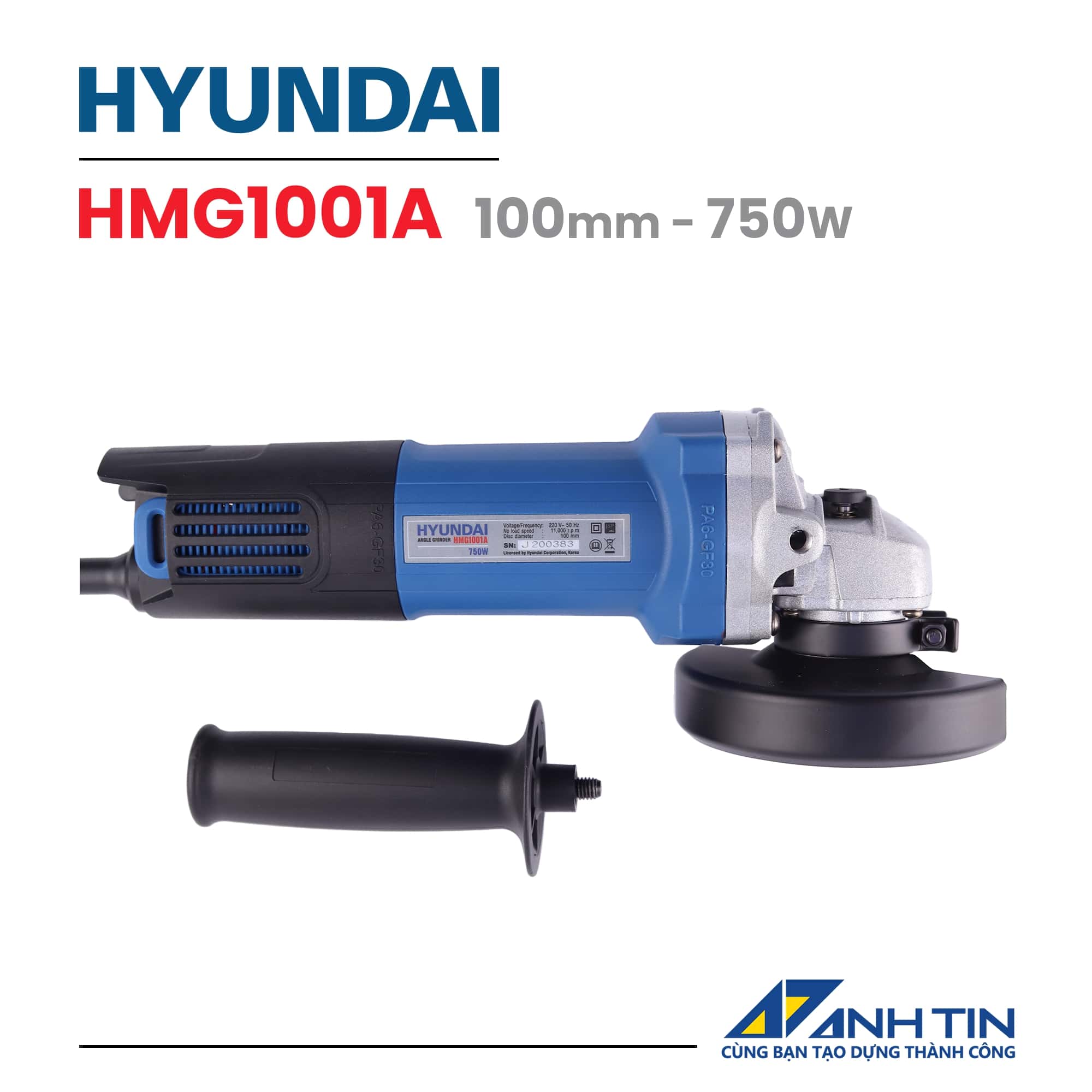 Máy mài góc , máy cắt sắt, máy mài cầm tay hyundai hmg1001a | 750w - 11.000 vòng/phút | đường kính đá mài 100mm
