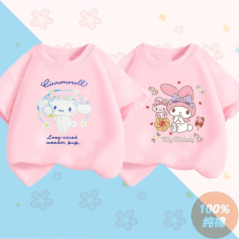 Quần áo mùa hè mới bằng cotton nguyên chất dành cho bé gái T Áo thun ngắn tay trẻ em Cinnamon Dog, quần áo nửa tay thời trang Kuromi và My Melody dành cho trẻ em. - 3