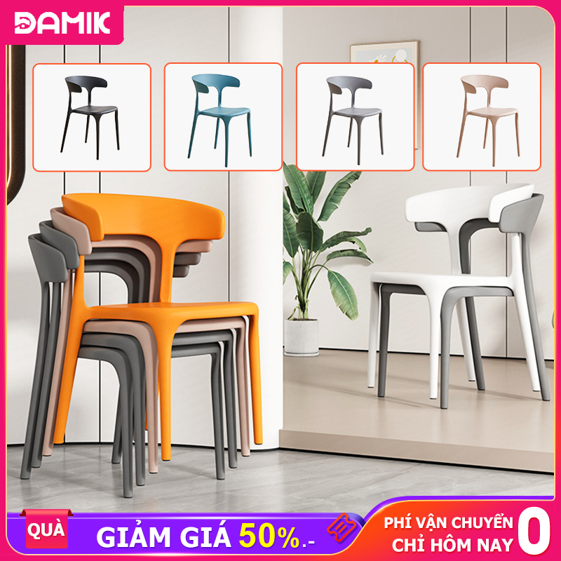 DAMIK Ghế nhựa cafe văn phòng bàn ăn cao cấp đúc nguyên khối lưng sừng bằng