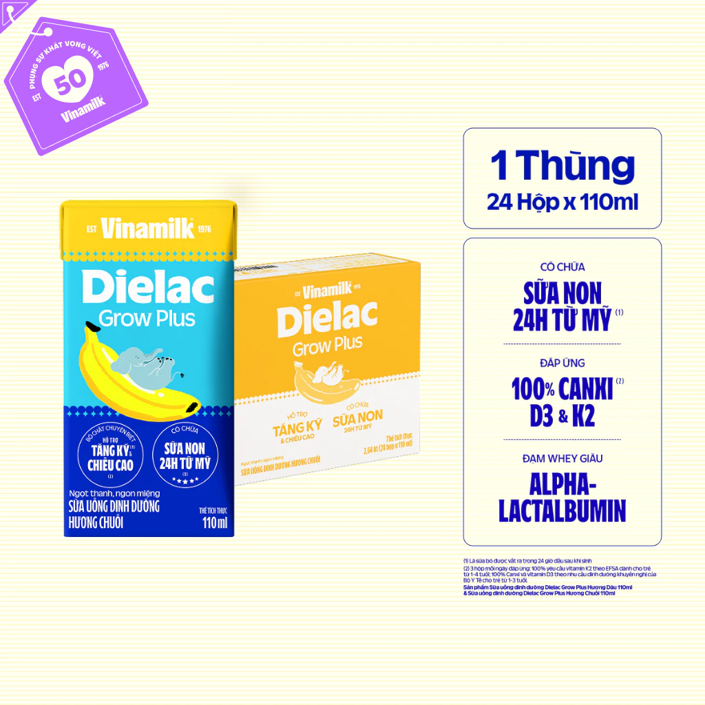[Sản phẩm mới] Thùng 24 hộp Sữa Uống Dinh Dưỡng Vinamilk Dielac Grow Plus Hương Chuối 110ml