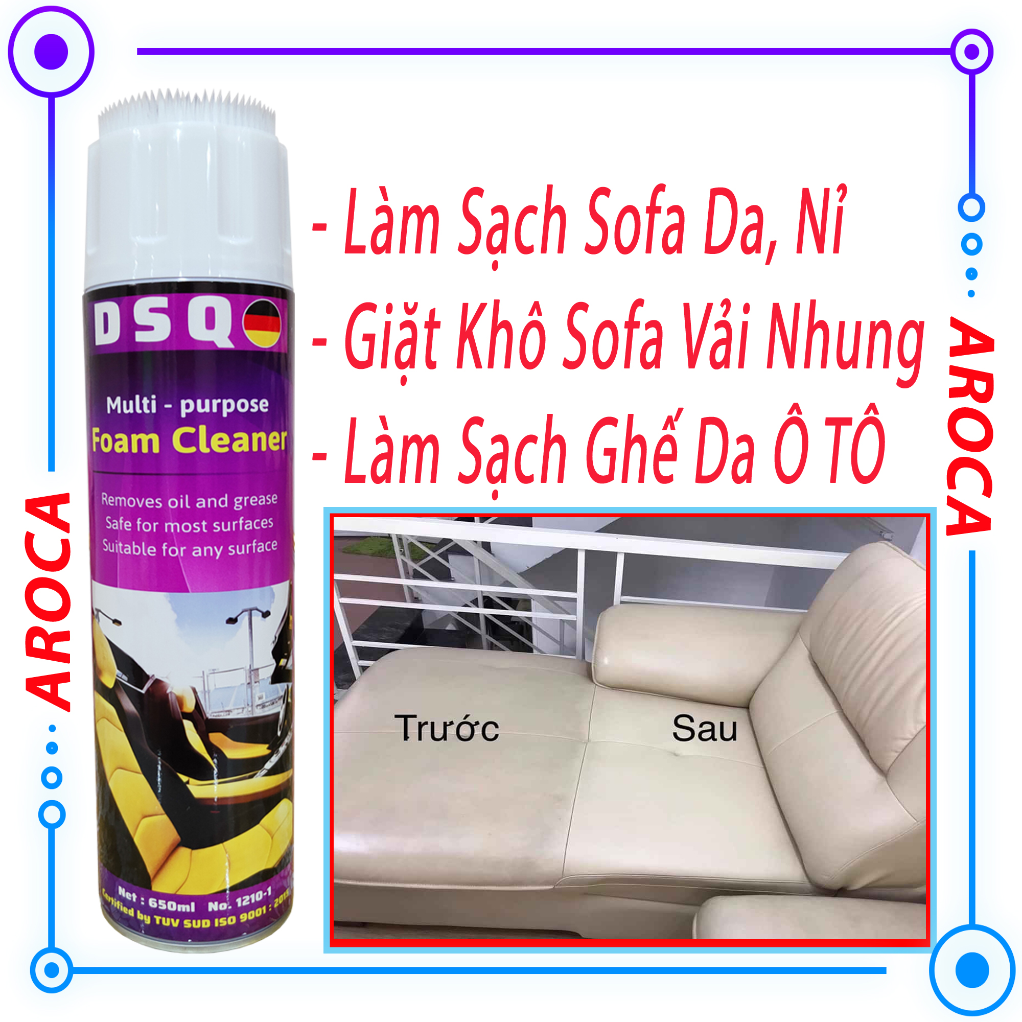 Chai xịt vệ sinh nội thất ô tô, Chất tẩy vệ sinh Sofa, ghế da, Vệ sinh ghế nỉ, ghế vải foam cleaner AROCA