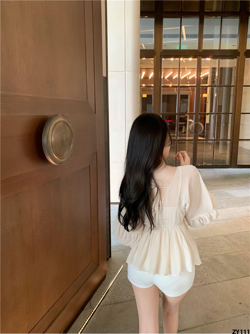 Áo Sơ Mi Nữ Chống Nắng Áo Ren Cổ Vuông Nhận Áo Buộc Dây Mùa Hè Công Nghiệp Nặng Eo Hở Lưng Khí Chất Voan