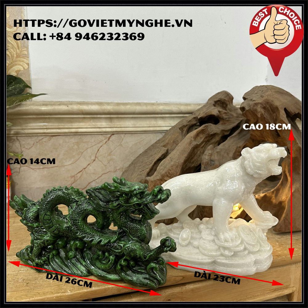 [Linh vật phong thủy] Set 2 tượng đá Thanh long 14cm - Bạch Hổ 18cm trang trí phong thủy bàn làm việc tăng vượng khí