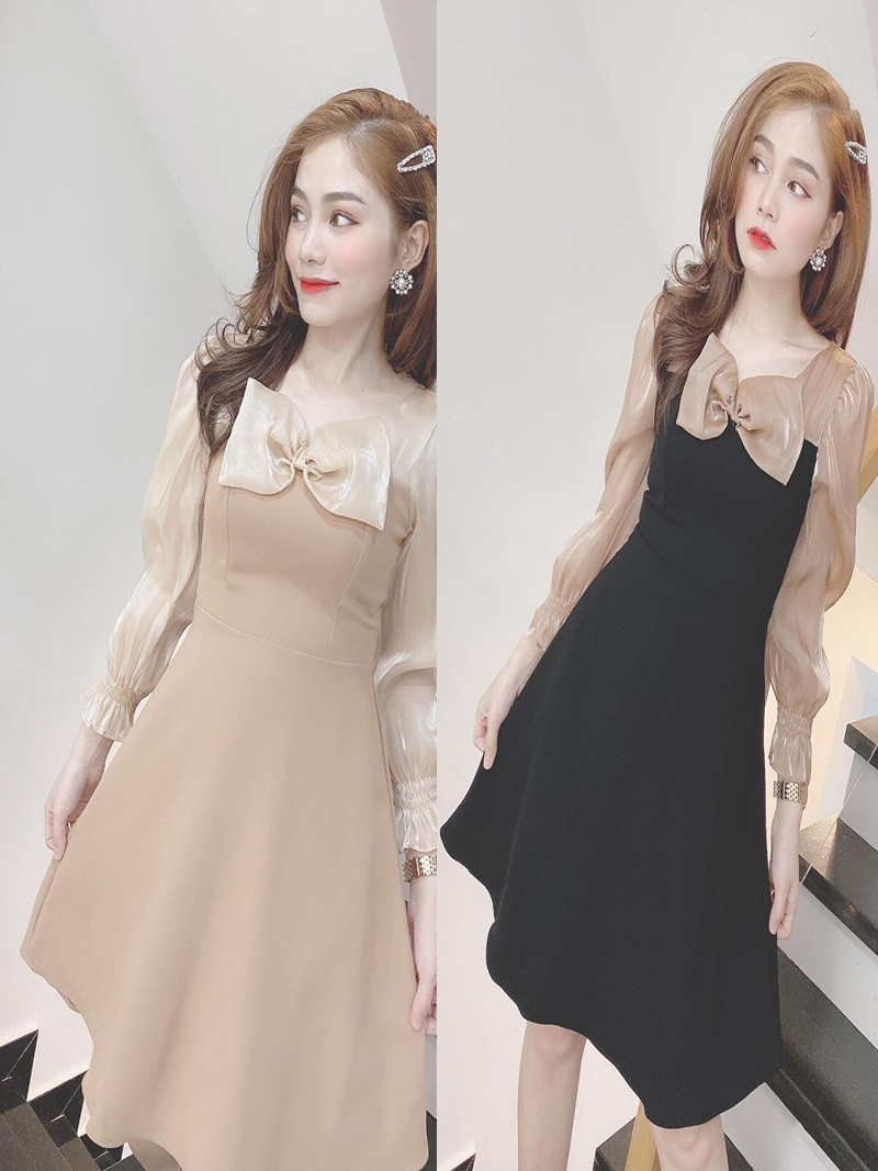 Đầm xòe dự tiệc thời trang Công Sở Athens chất liệu Umi, kiểu tay voan kết nơ xinh xắn dễ thương, one size từ 42 - 55kg