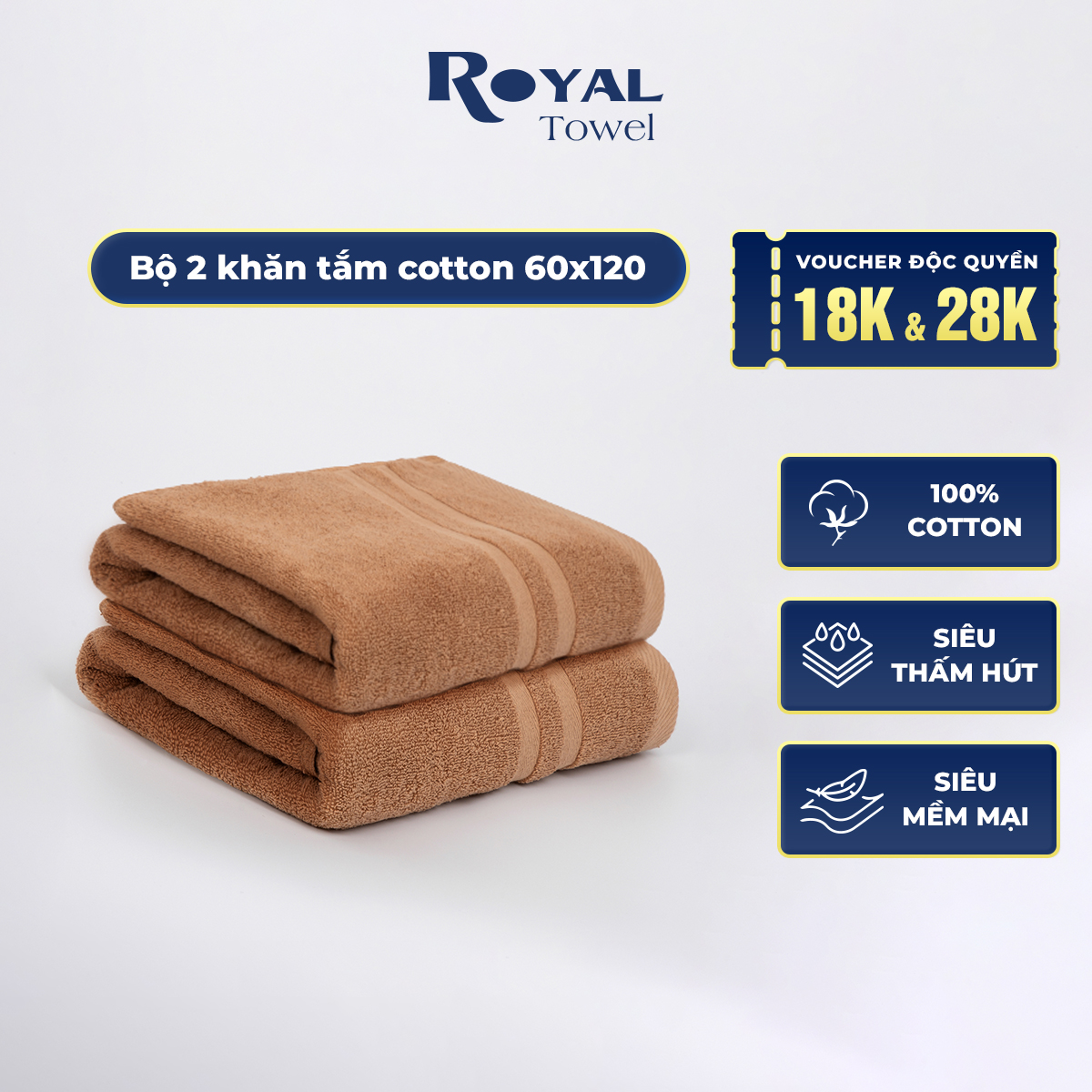 Bộ gồm 2 khăn tắm 60x120cm Royal Towel chất cotton mềm mịn, thấm hút, nhanh khô