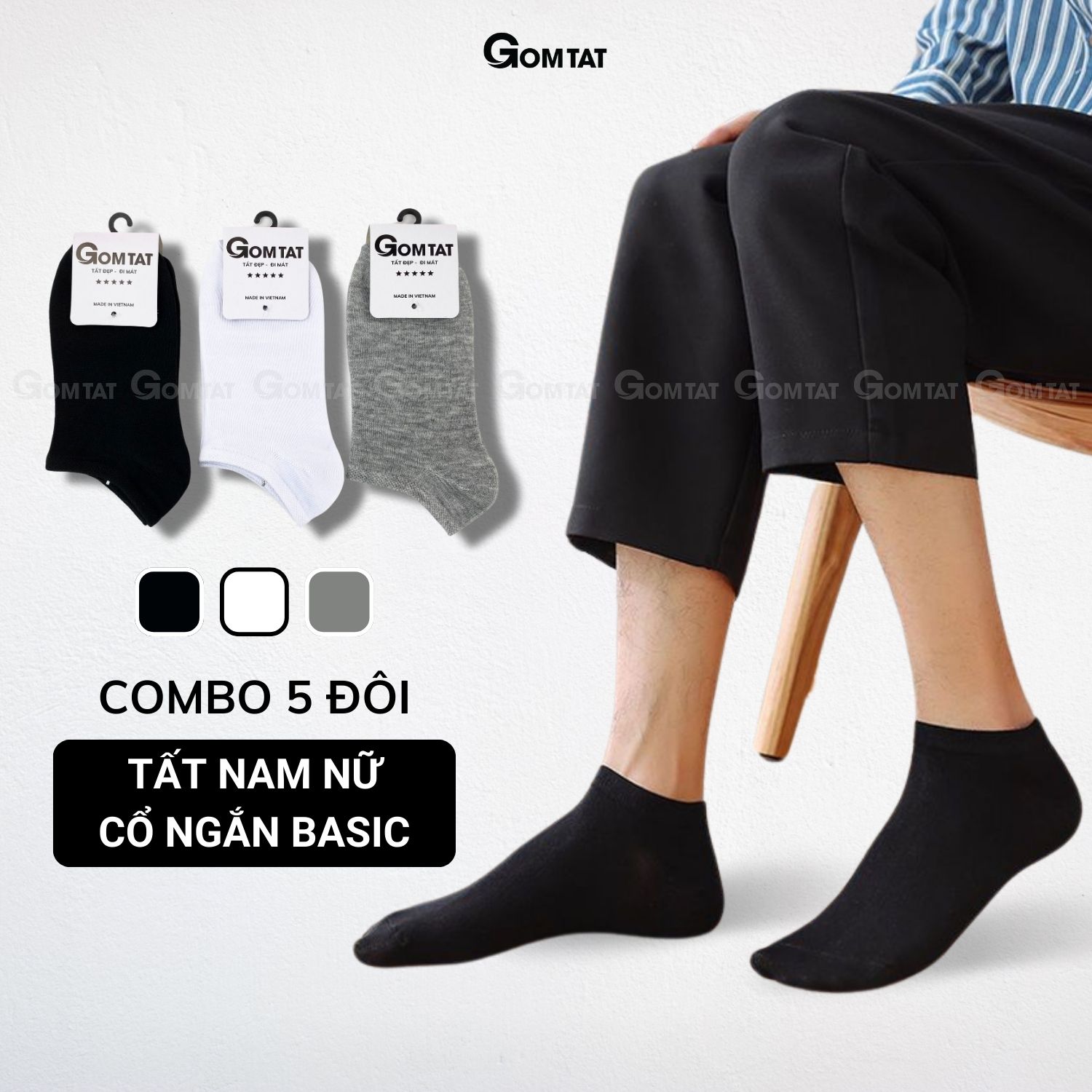  Combo 5 đôi tất cổ ngắn nam nữ GOMTAT trơn màu vớ chất liệu cotton cao cấp mềm mại êm chân thoáng mát chuẩn xuất Nhật - TRONNGAN-VNXK-CB5 