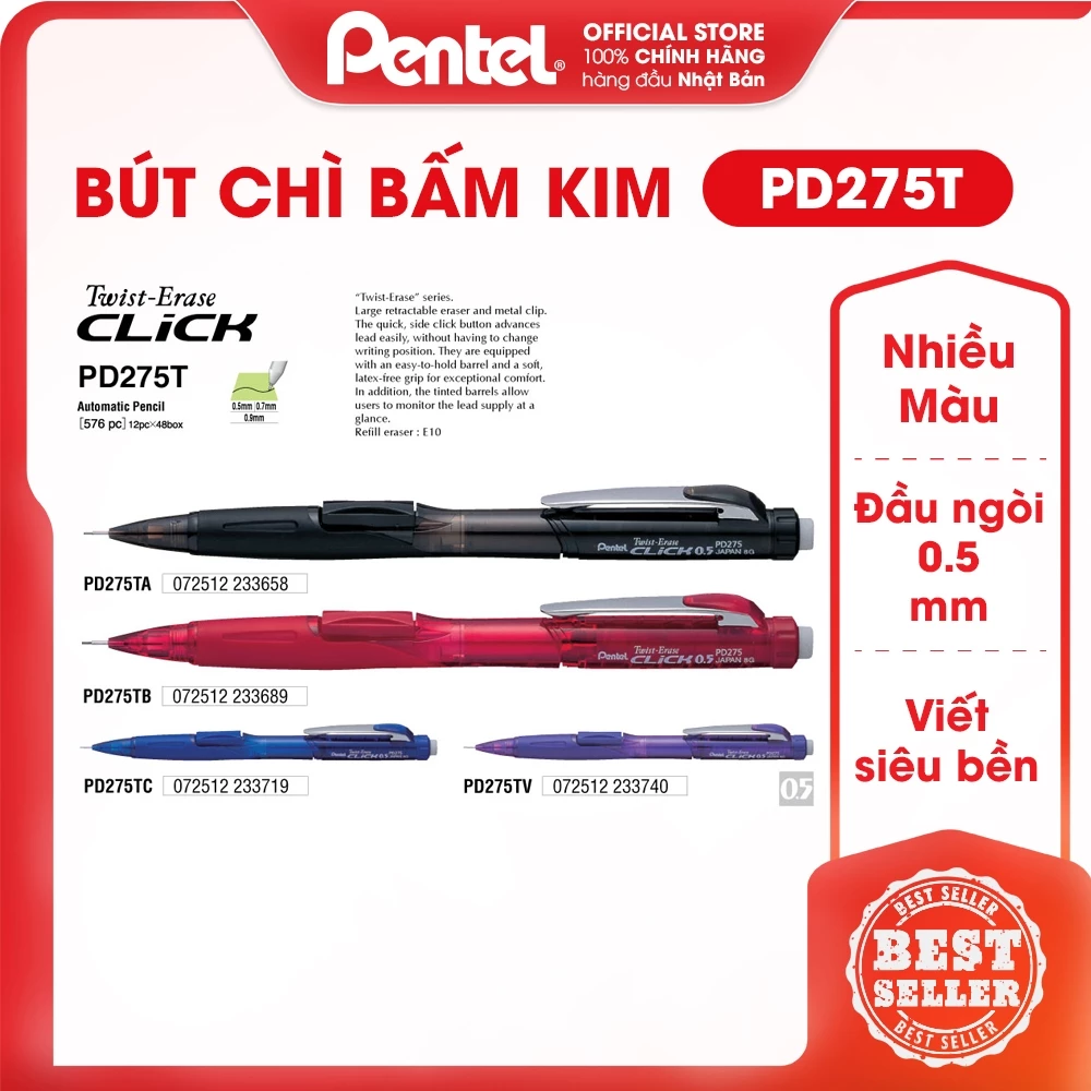 Bút Chì Kim Bấm Nhật Bản Pentel Twist-Erase Click Ngòi 0.5 0.7 0.9mm - PD275T PD277T PD279T - Nút Bấm Giữa Thân